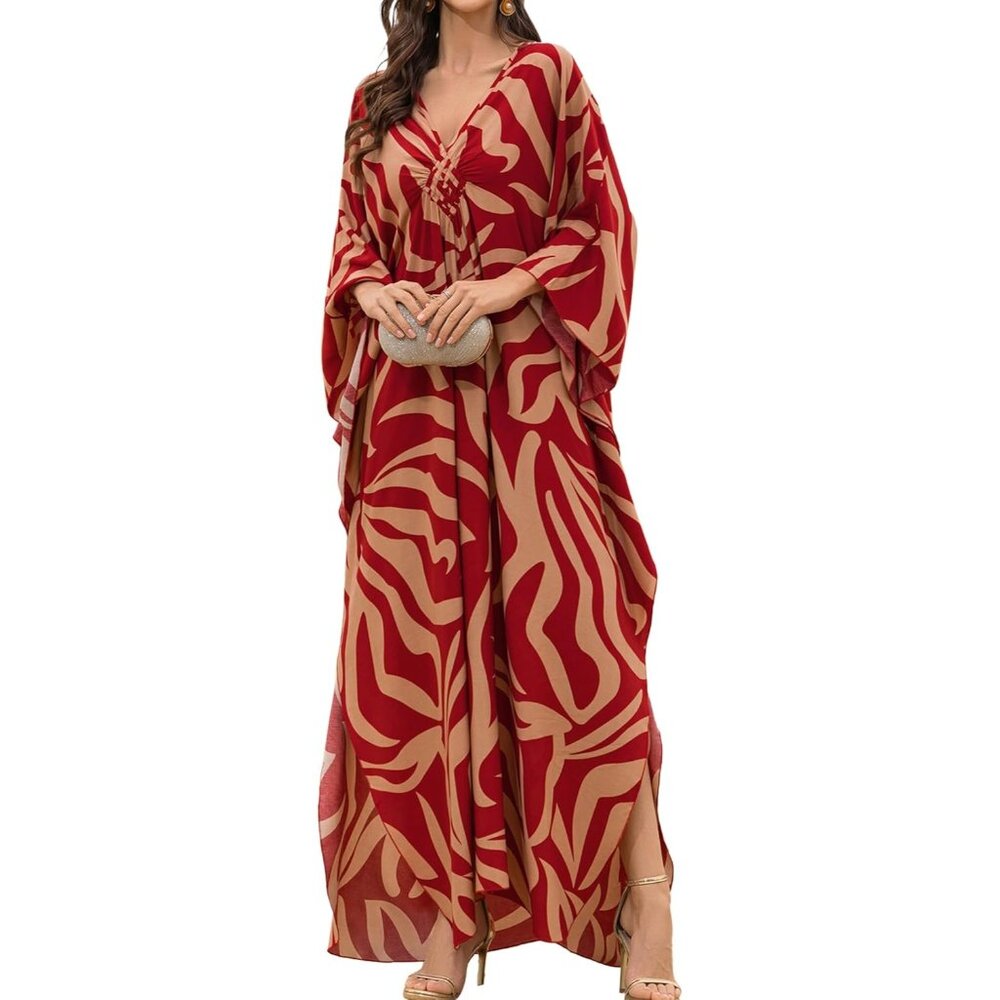 Women's Red Bold Zebra Print V-Neck Batwing Sleeves Summer Cover Up Kaftan Dress